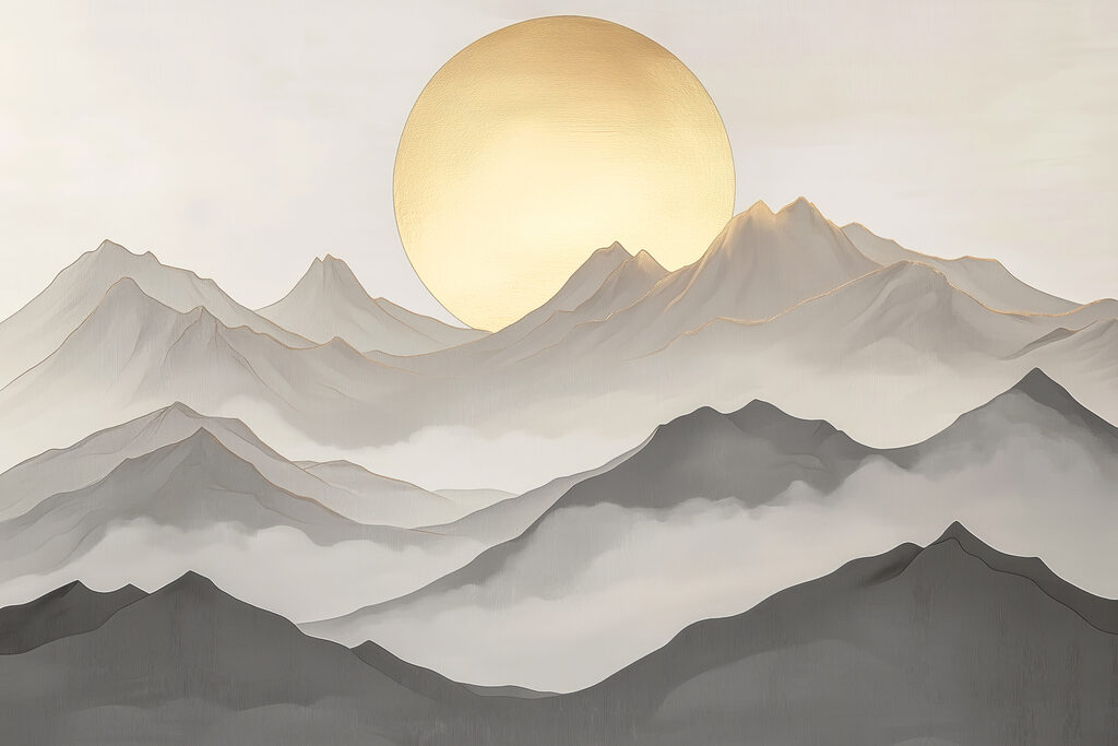 Painting of mountains and the sun