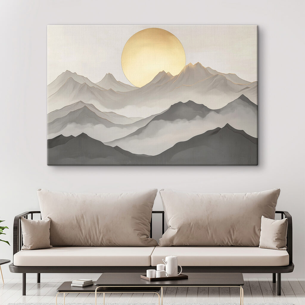 Painting of mountains and the sun