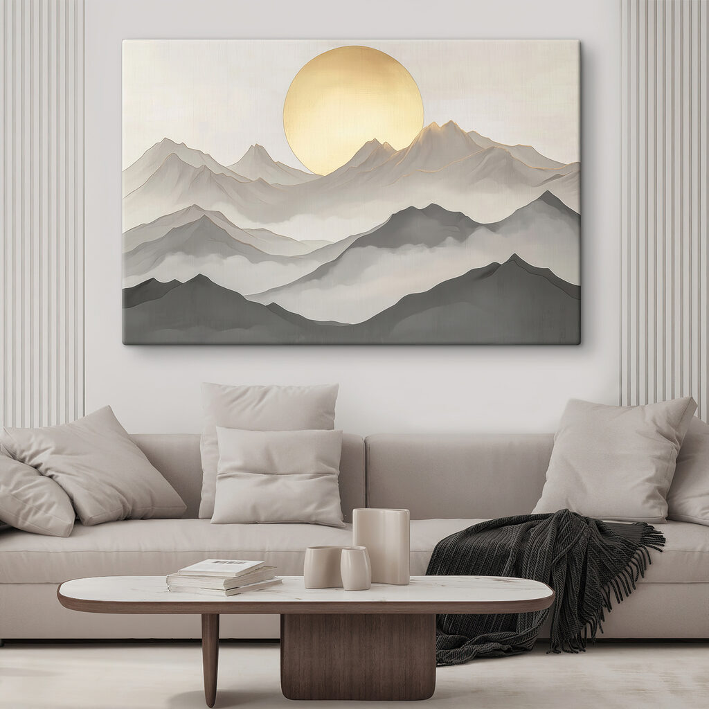 Painting of mountains and the sun