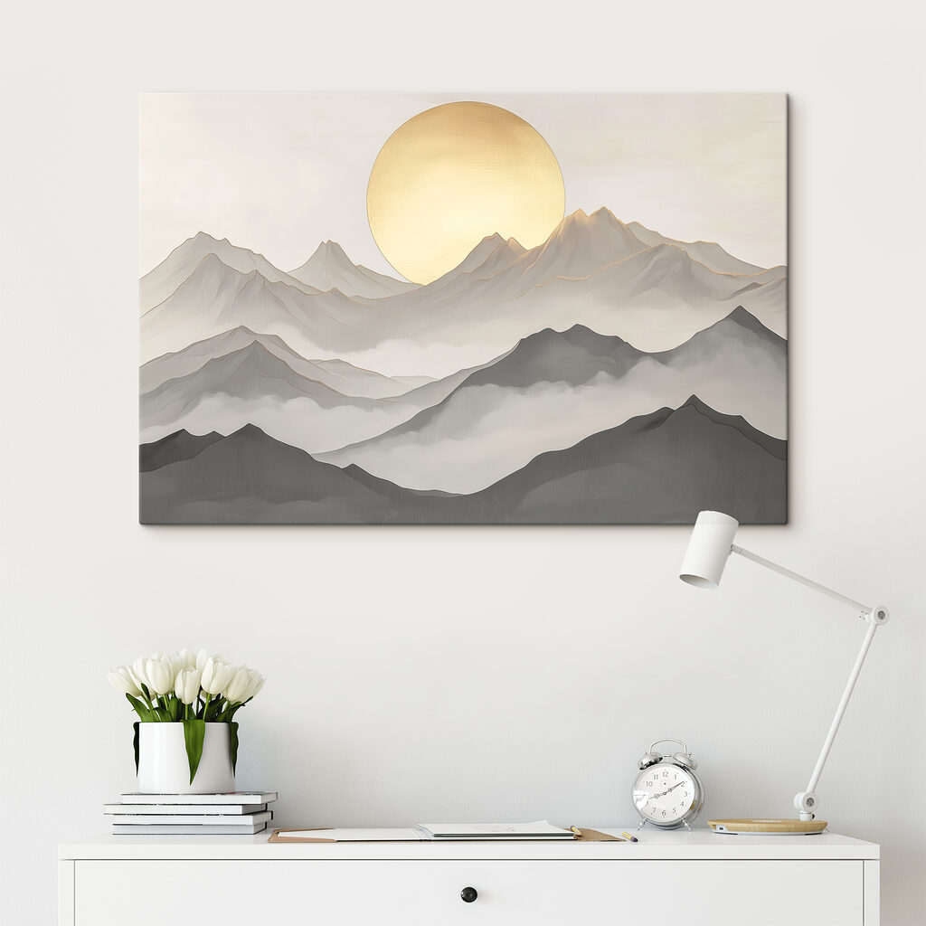 Painting of mountains and the sun