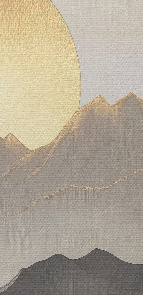 Painting of mountains and the sun