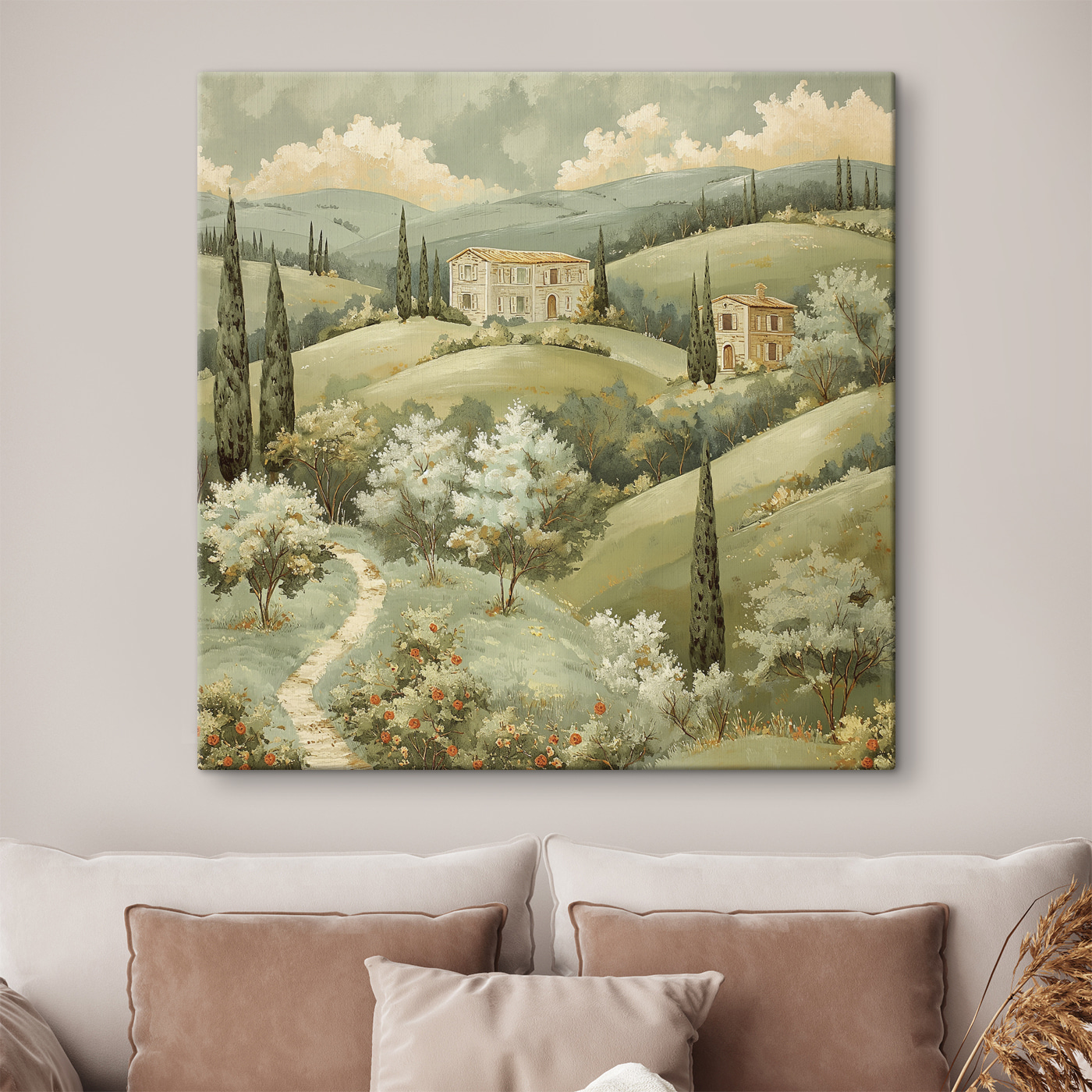 Painting of a house on a hill