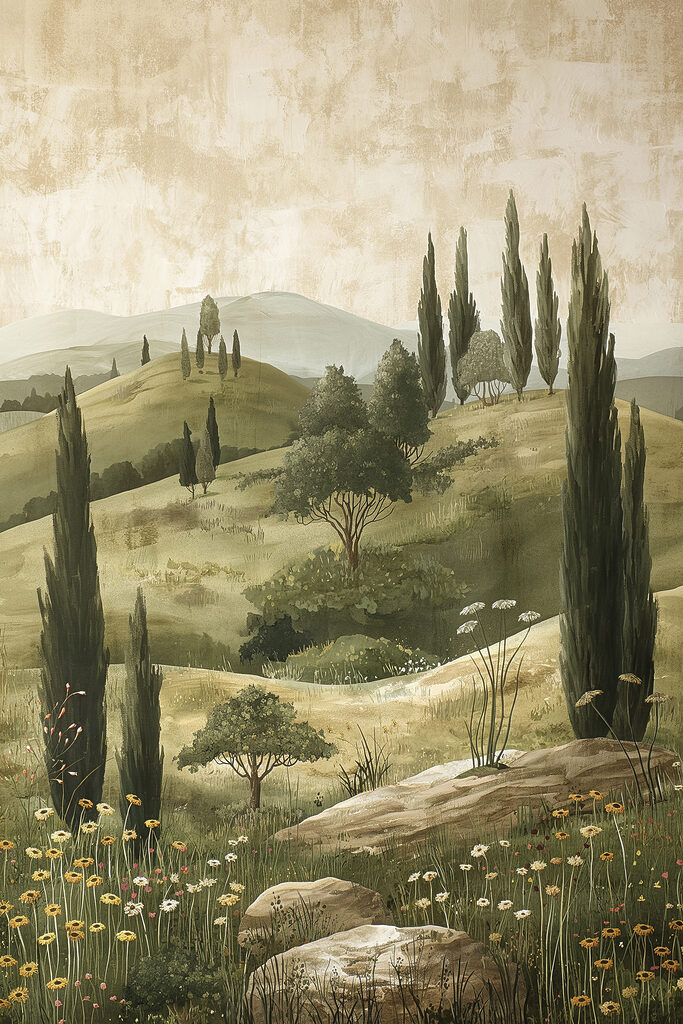 Painting of a landscape with trees and hills