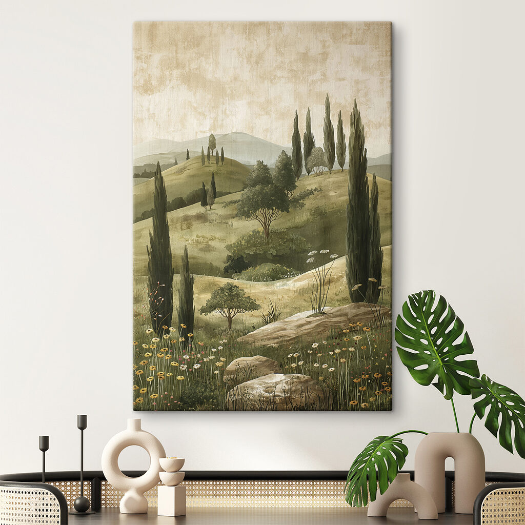 Painting of a landscape with trees and hills