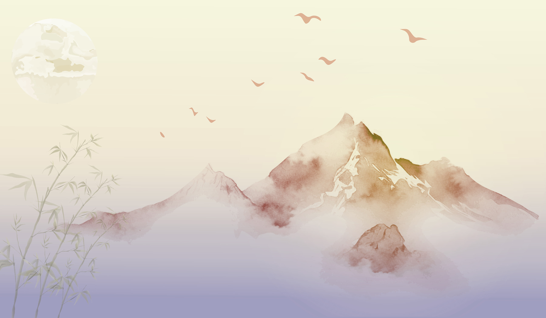 Painting of mountains and birds
