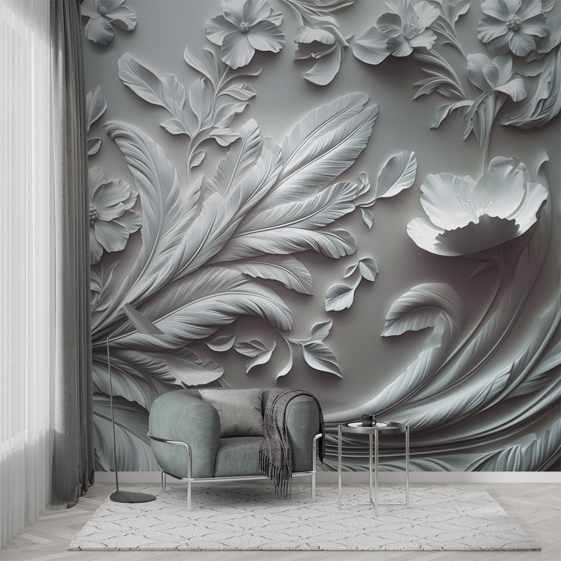 White wall with flowers and leaves