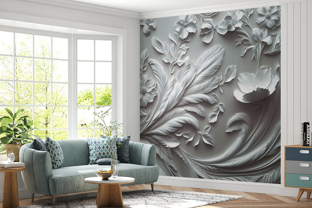 White wall with flowers and leaves