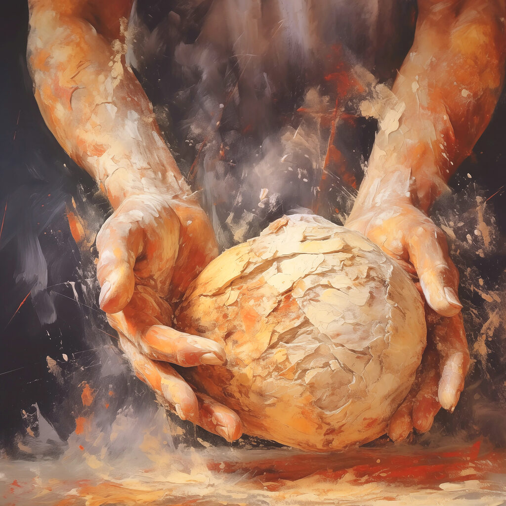 Painting of hands holding a ball of bread