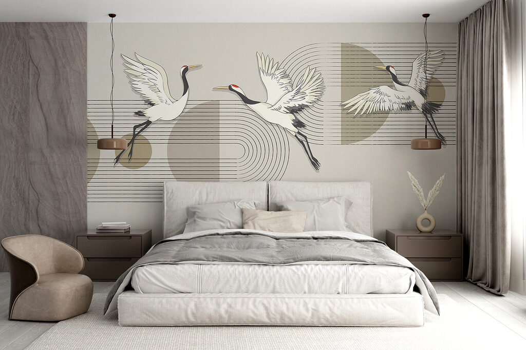 Group of birds flying over music notes