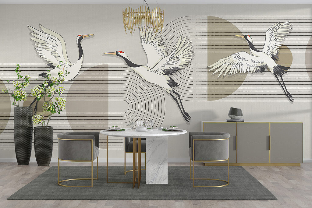 Group of birds flying over music notes