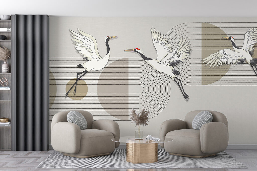 Group of birds flying over music notes