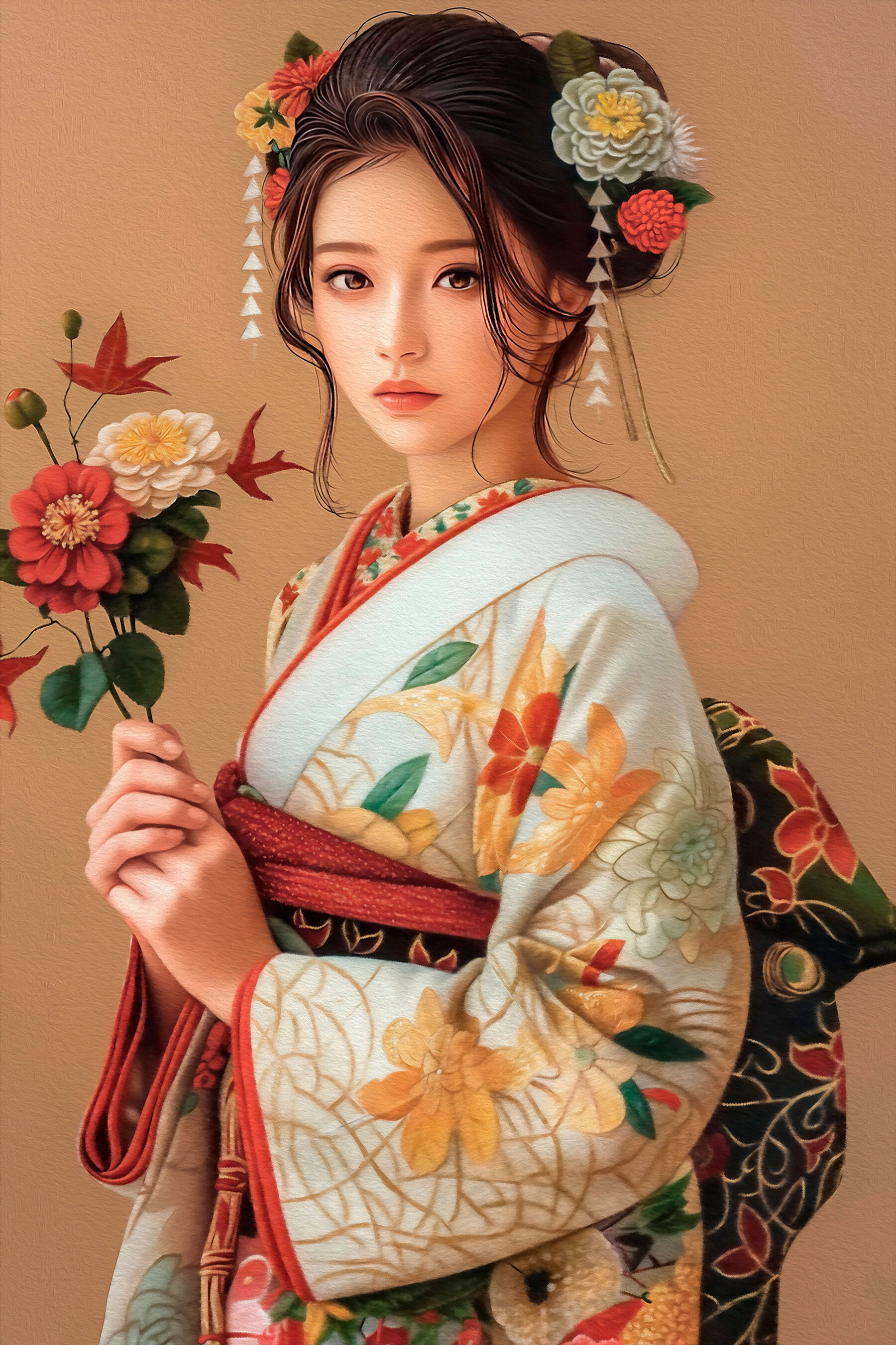 Woman holding flowers in her hair Woman holding flowers in her hair