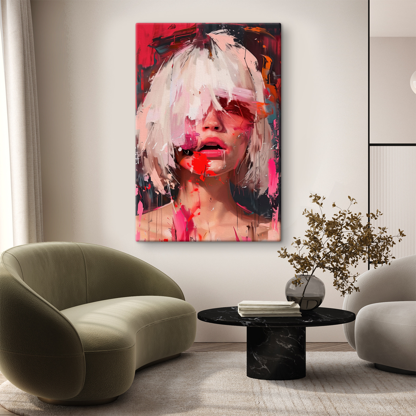 Woman with white hair and pink paint Woman with white hair and pink paint