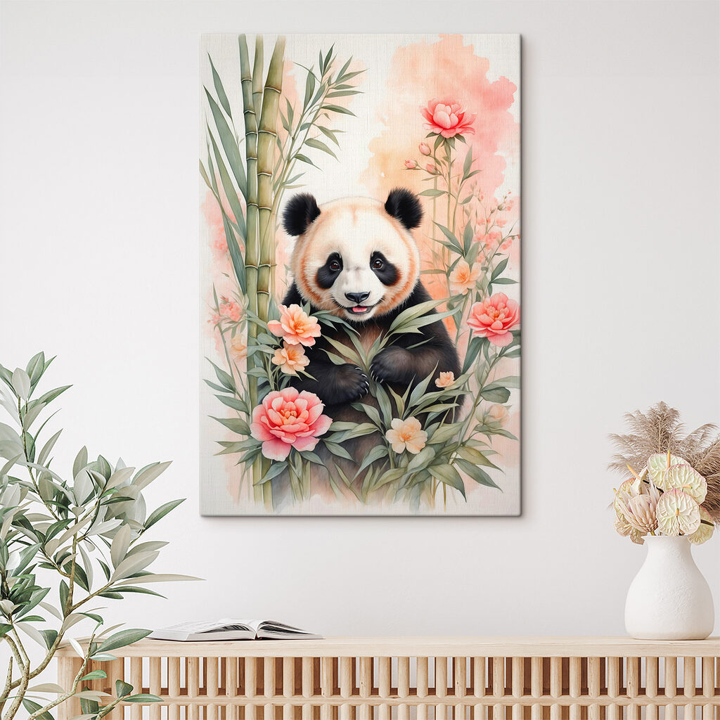 Panda bear with flowers and bamboo Panda bear with flowers and bamboo