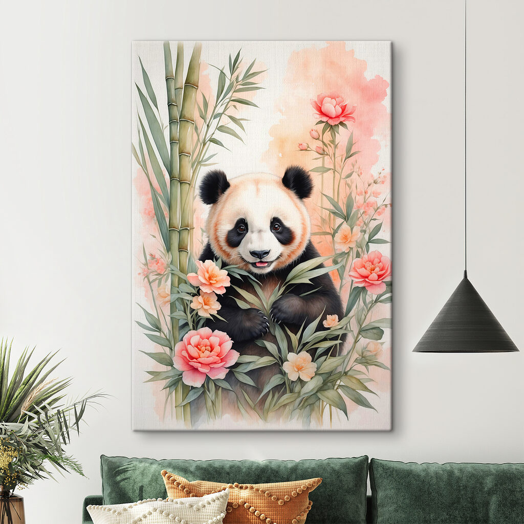 Panda bear with flowers and bamboo Panda bear with flowers and bamboo