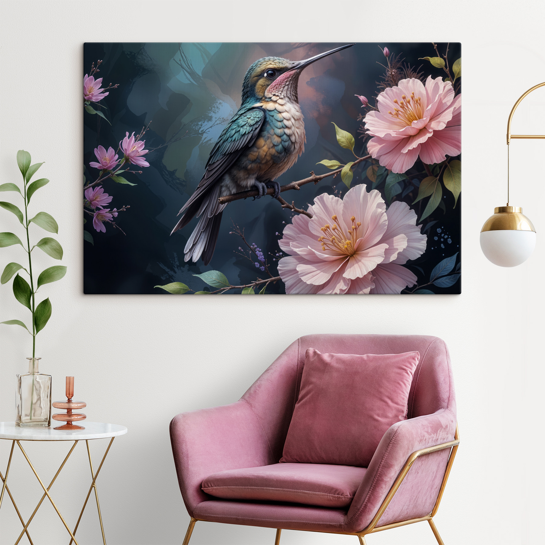 Bird sitting on a branch with flowers
