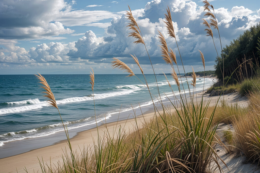 Beach with tall grass and water