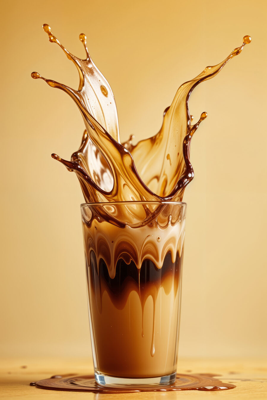 Glass of liquid with brown liquid splashing out Glass of liquid with brown liquid splashing out