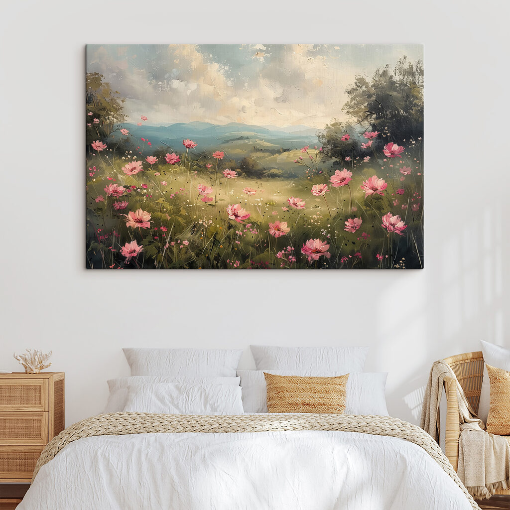 Painting of a field of pink flowers