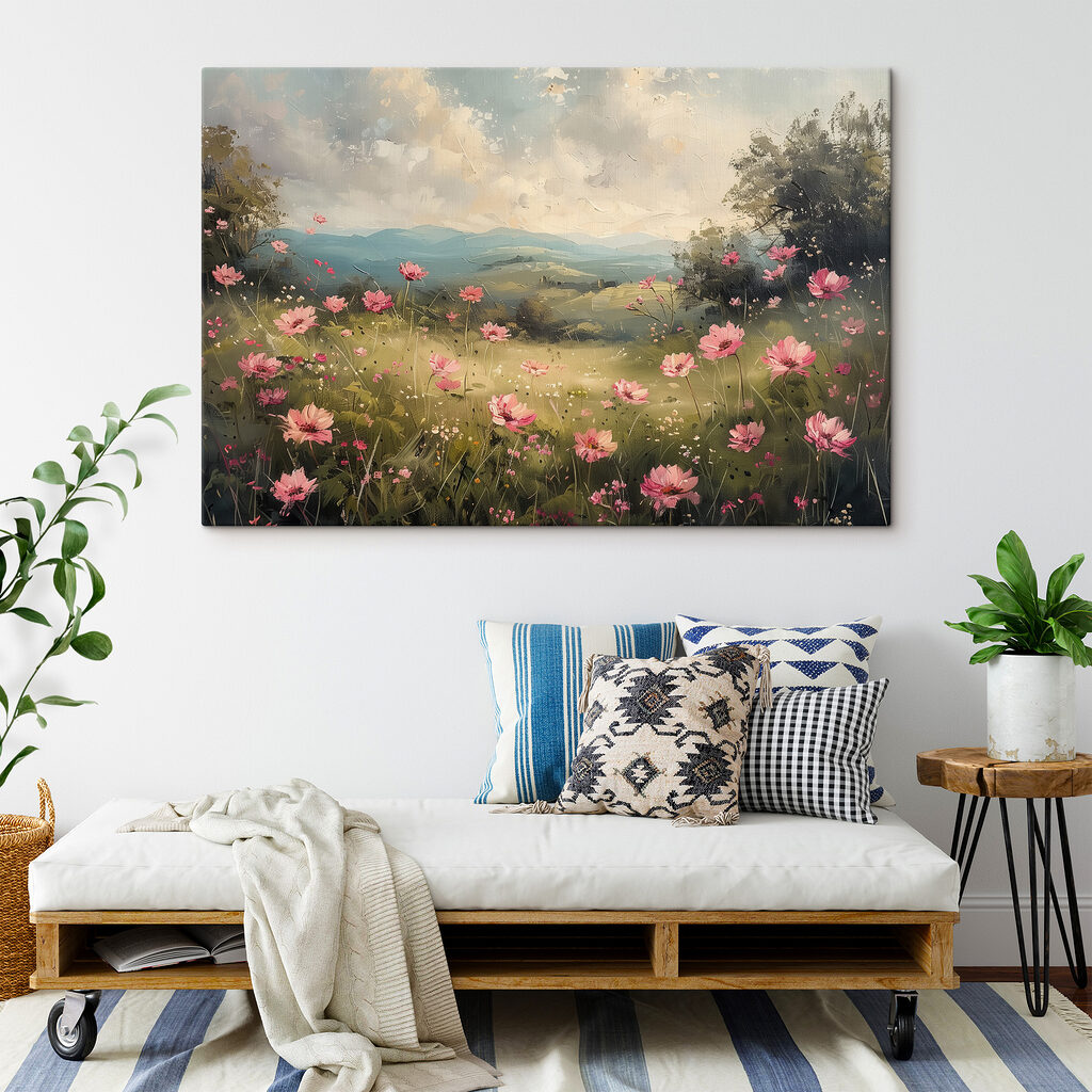 Painting of a field of pink flowers