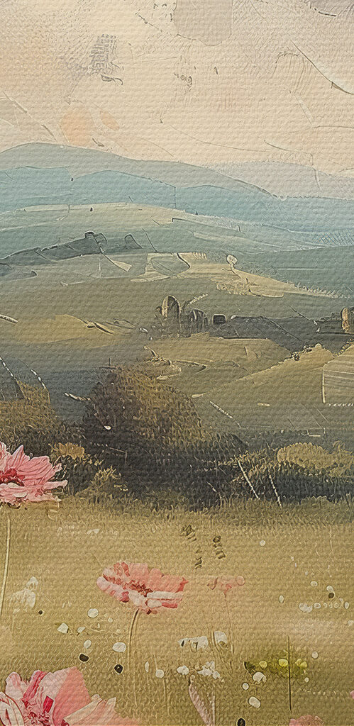 Painting of a field of pink flowers
