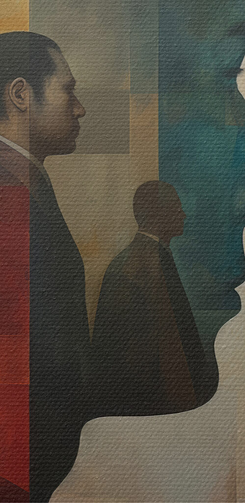 Painting of a man's face and a staircase