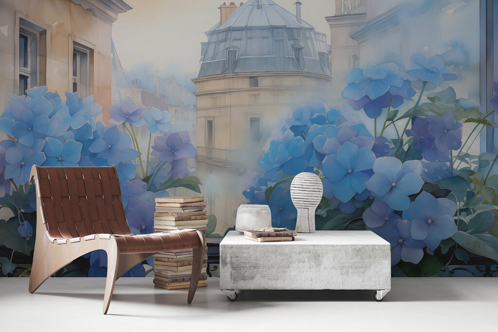 Painting of blue flowers on a balcony