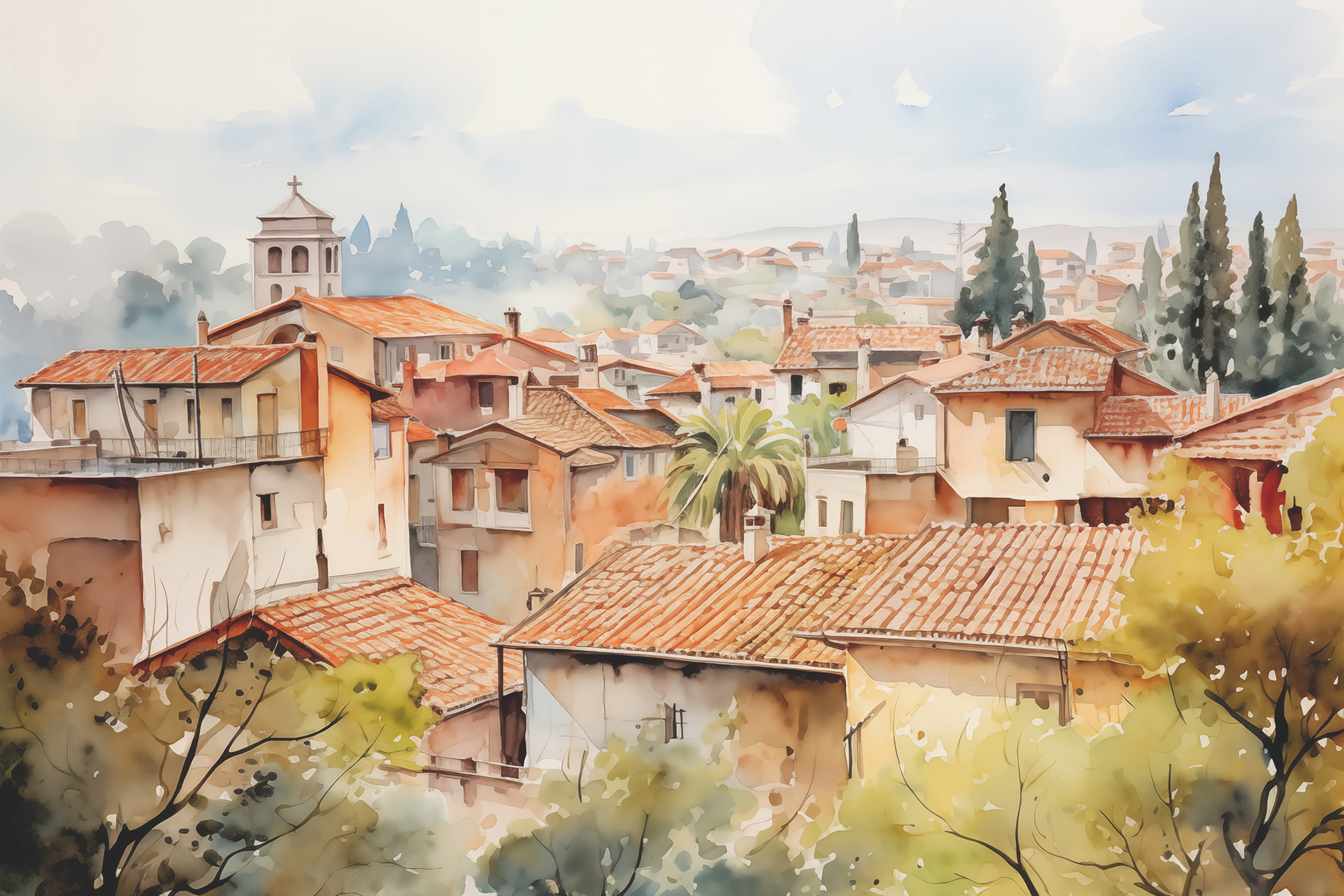 Watercolor of a town with many buildings and trees