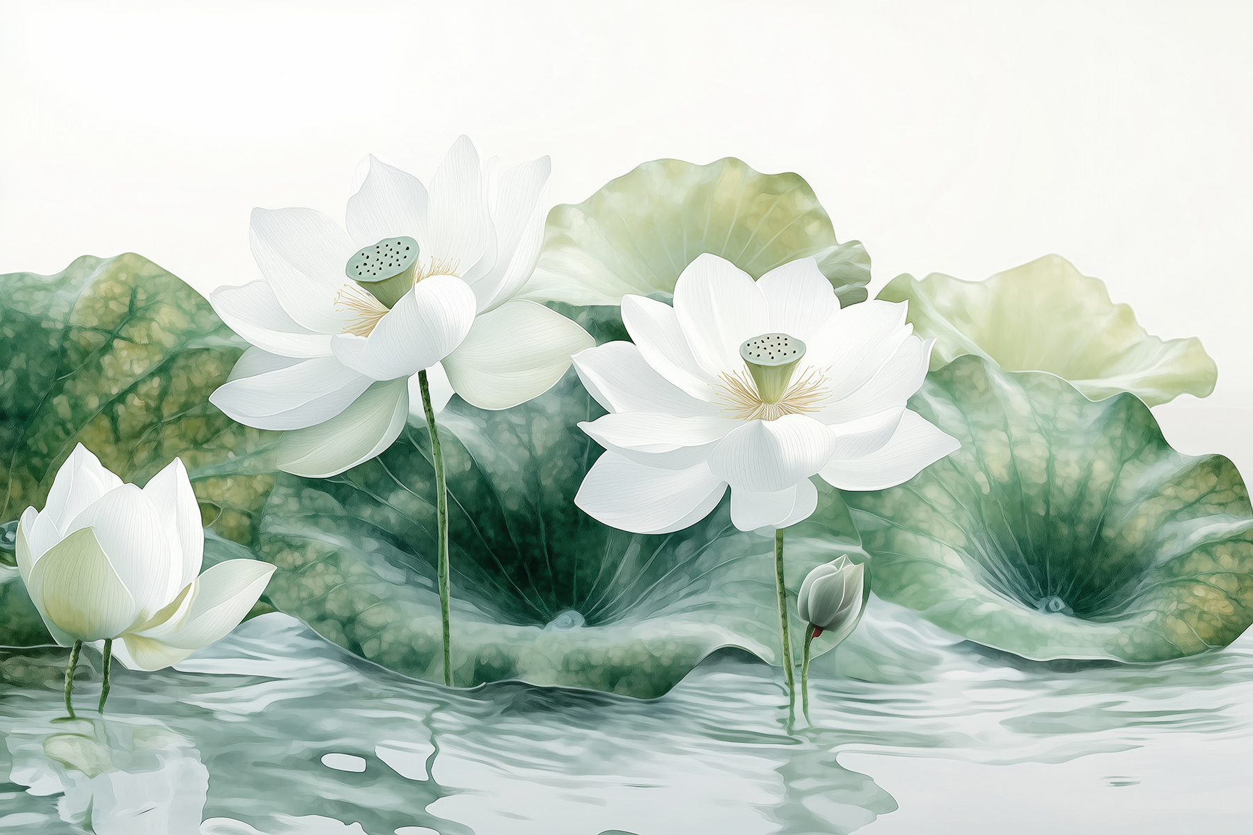 Group of white flowers and green leaves in water