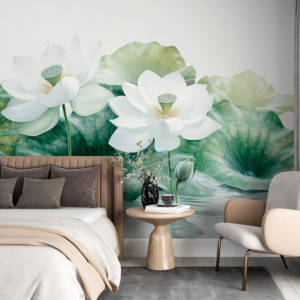 Group of white flowers and green leaves in water