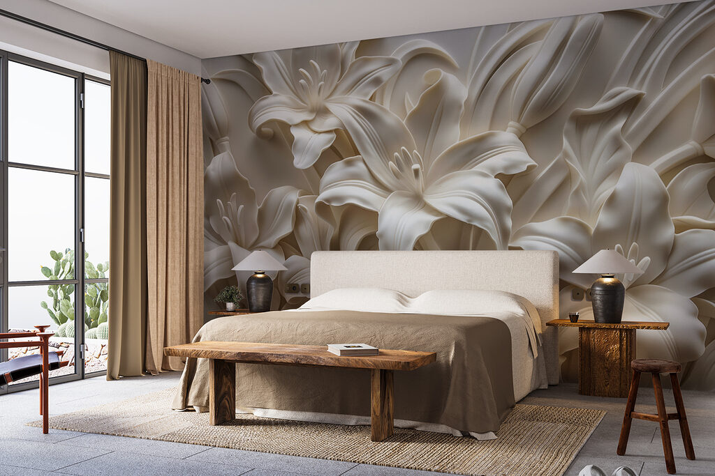 White flower sculpture on a wall