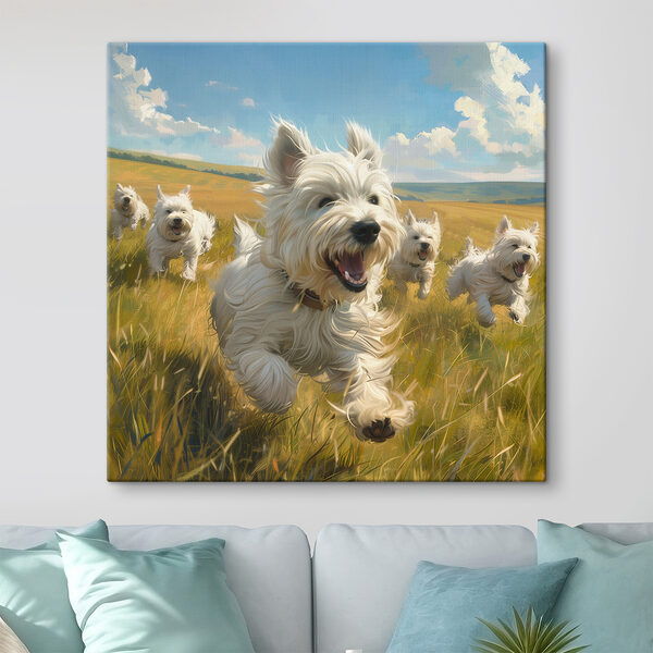 Group of white dogs running in a field