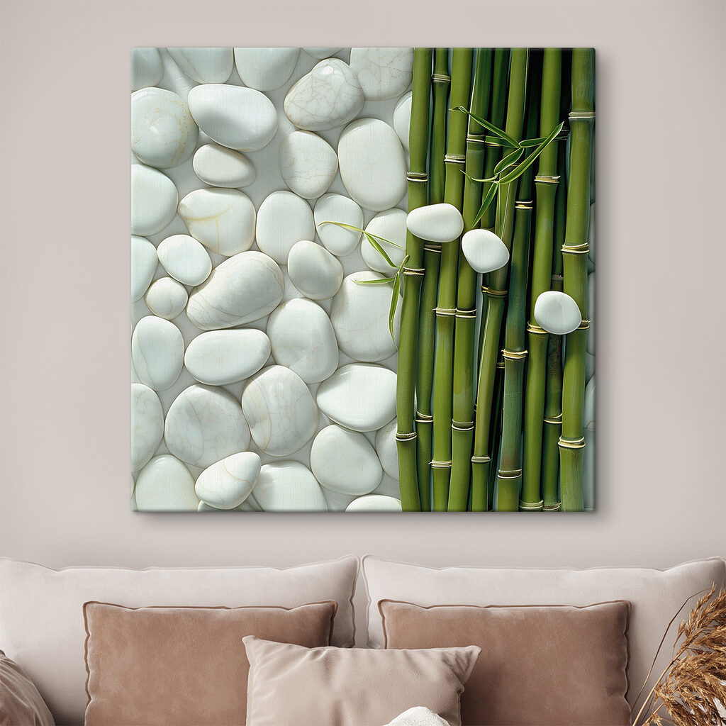 Group of green bamboo stems and white rocks Group of green bamboo stems and white rocks