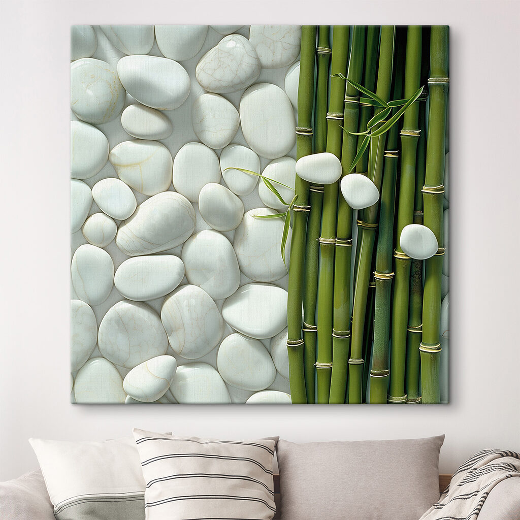 Group of green bamboo stems and white rocks Group of green bamboo stems and white rocks