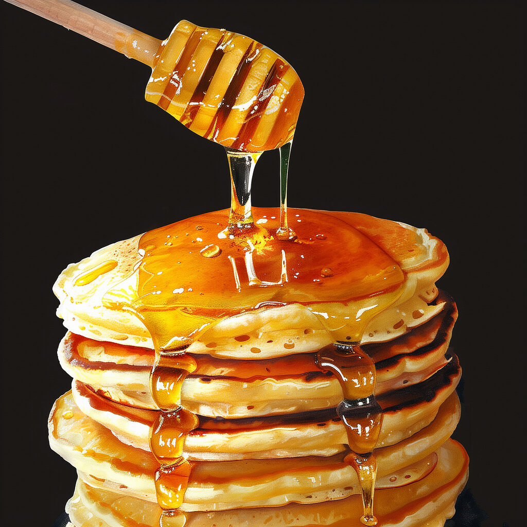 Stack of pancakes with honey dripping from a wooden stick