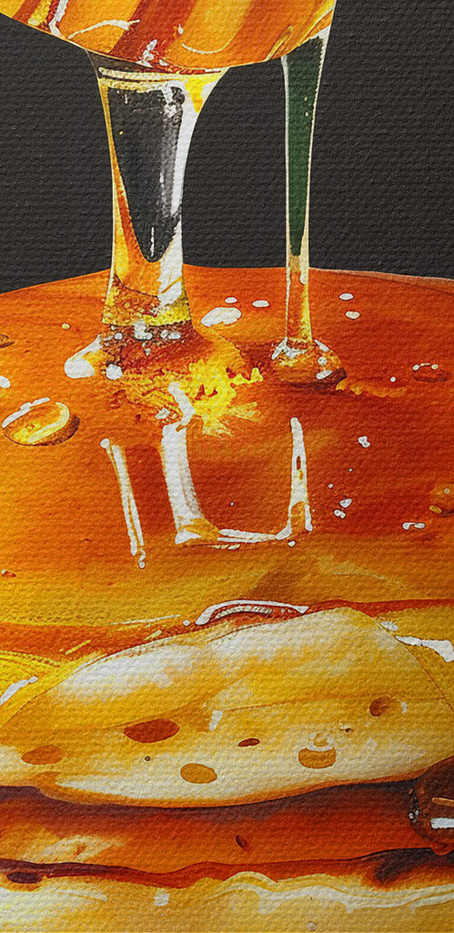 Stack of pancakes with honey dripping from a wooden stick