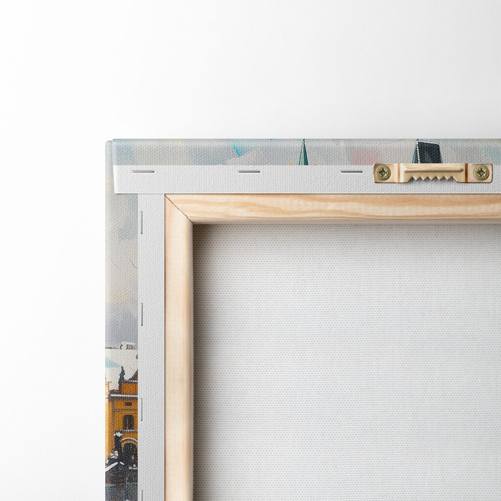 Bridge over water with buildings and snow