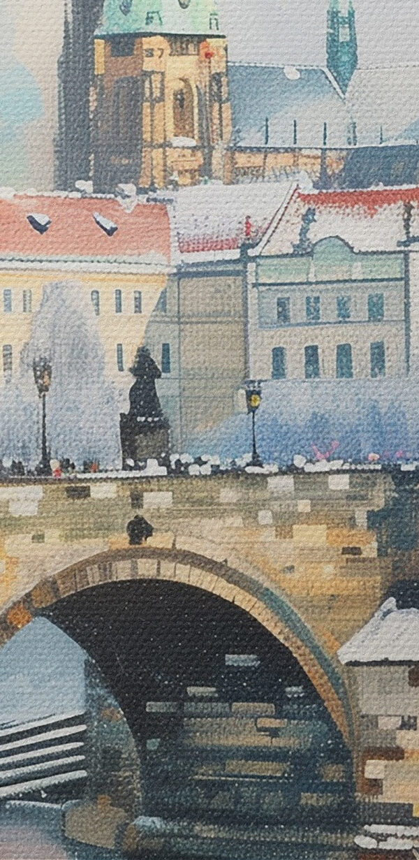 Міст через воду з будівлями та снігом Міст через воду з будівлями та снігом