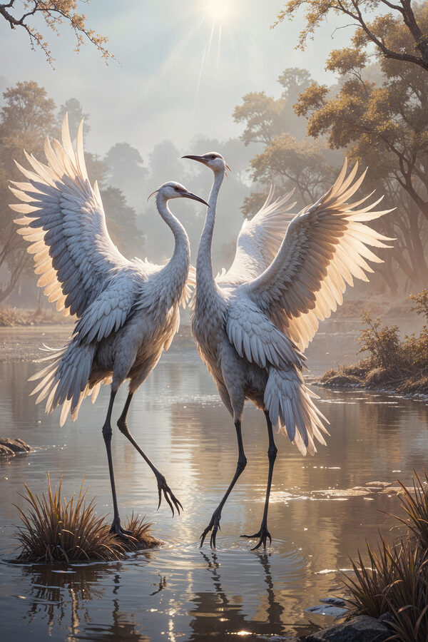 Couple of white cranes standing in a pond Couple of white cranes standing in a pond