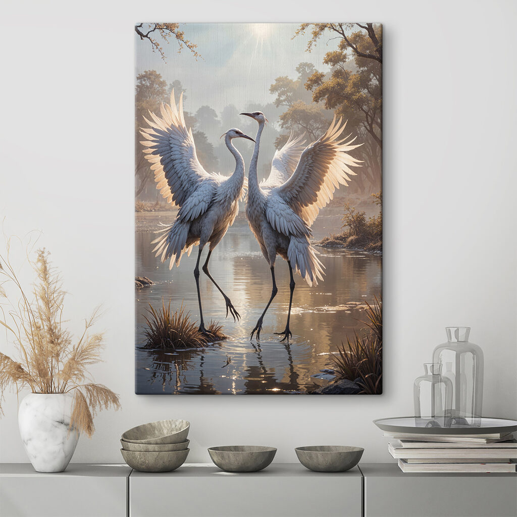 Couple of white cranes standing in a pond Couple of white cranes standing in a pond