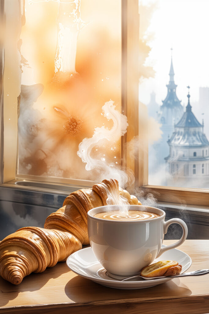 Cup of coffee and croissants on a table