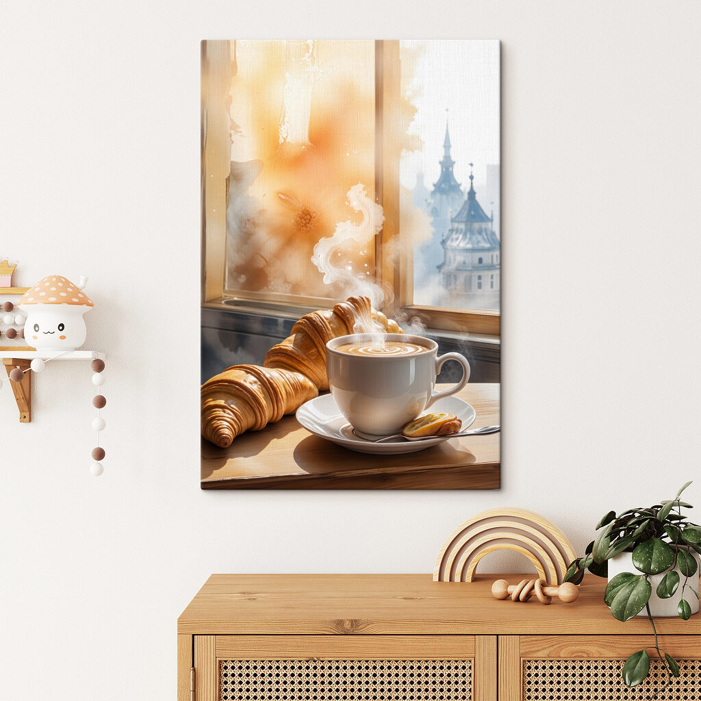 Cup of coffee and croissants on a table