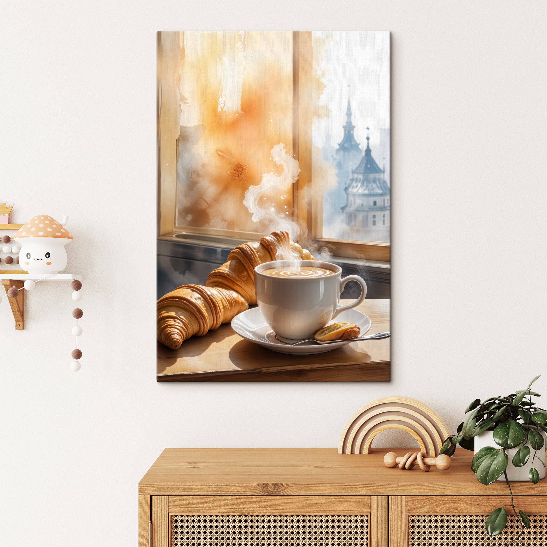 Cup of coffee and croissants on a table