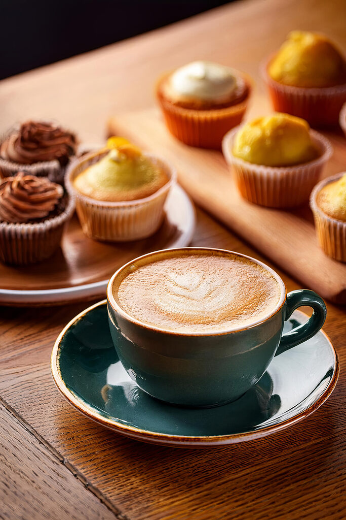 Cup of coffee and cupcakes on a table Cup of coffee and cupcakes on a table