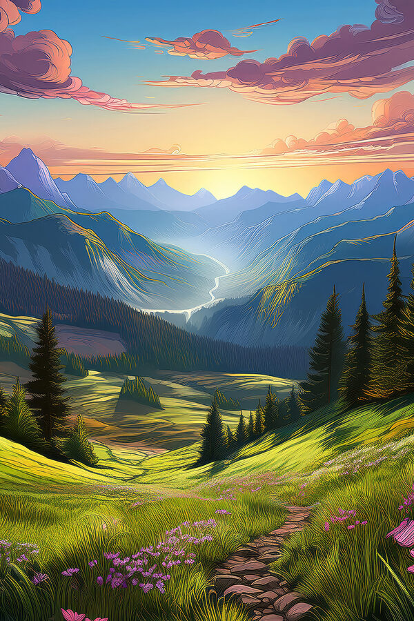 Landscape of mountains and trees Landscape of mountains and trees