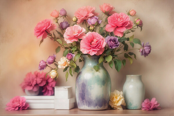 Vase with flowers on a shelf Vase with flowers on a shelf