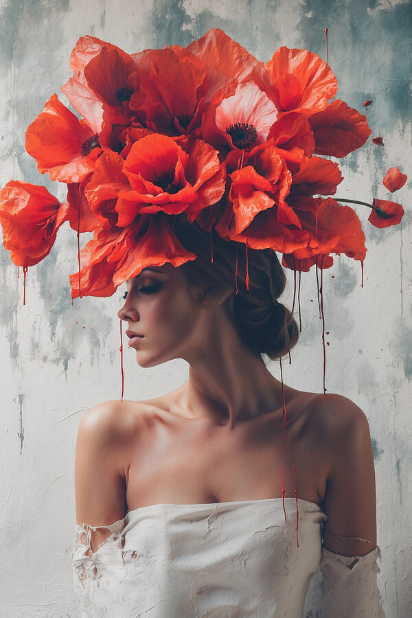 Woman with red flowers on her head