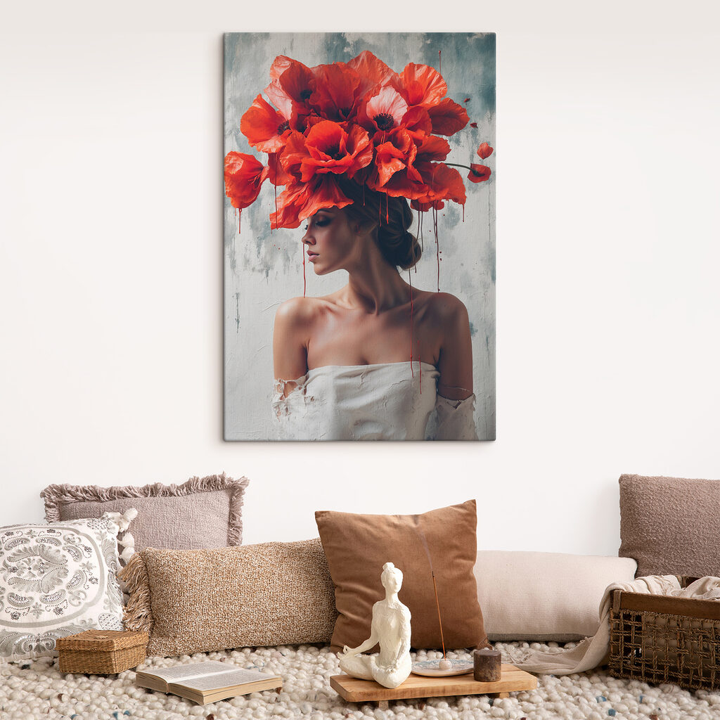 Woman with red flowers on her head