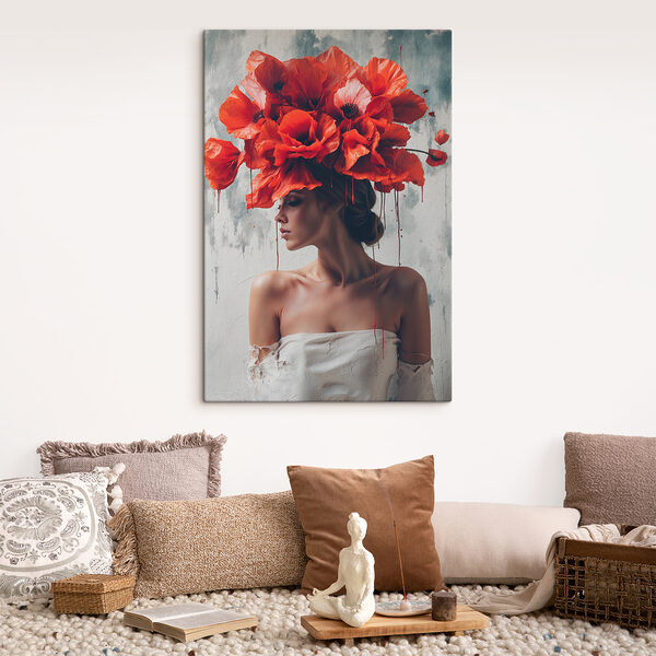 Woman with red flowers on her head