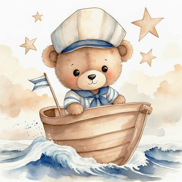 Watercolor of a teddy bear in a boat Watercolor of a teddy bear in a boat